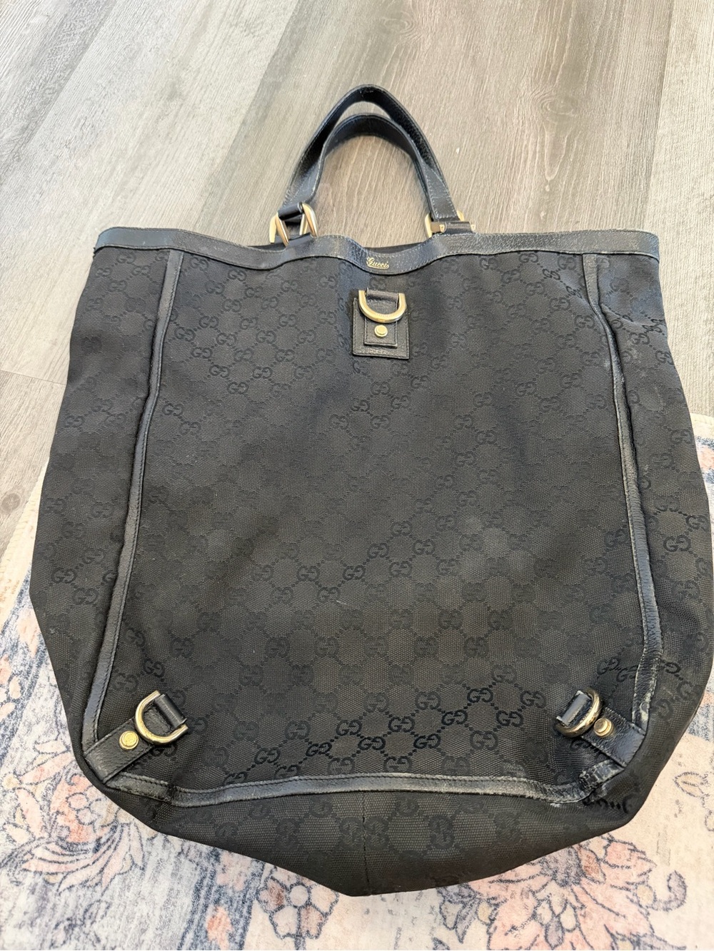 Gucci Black GG Monogram Canvas Tote with Leather Trim Abbey
